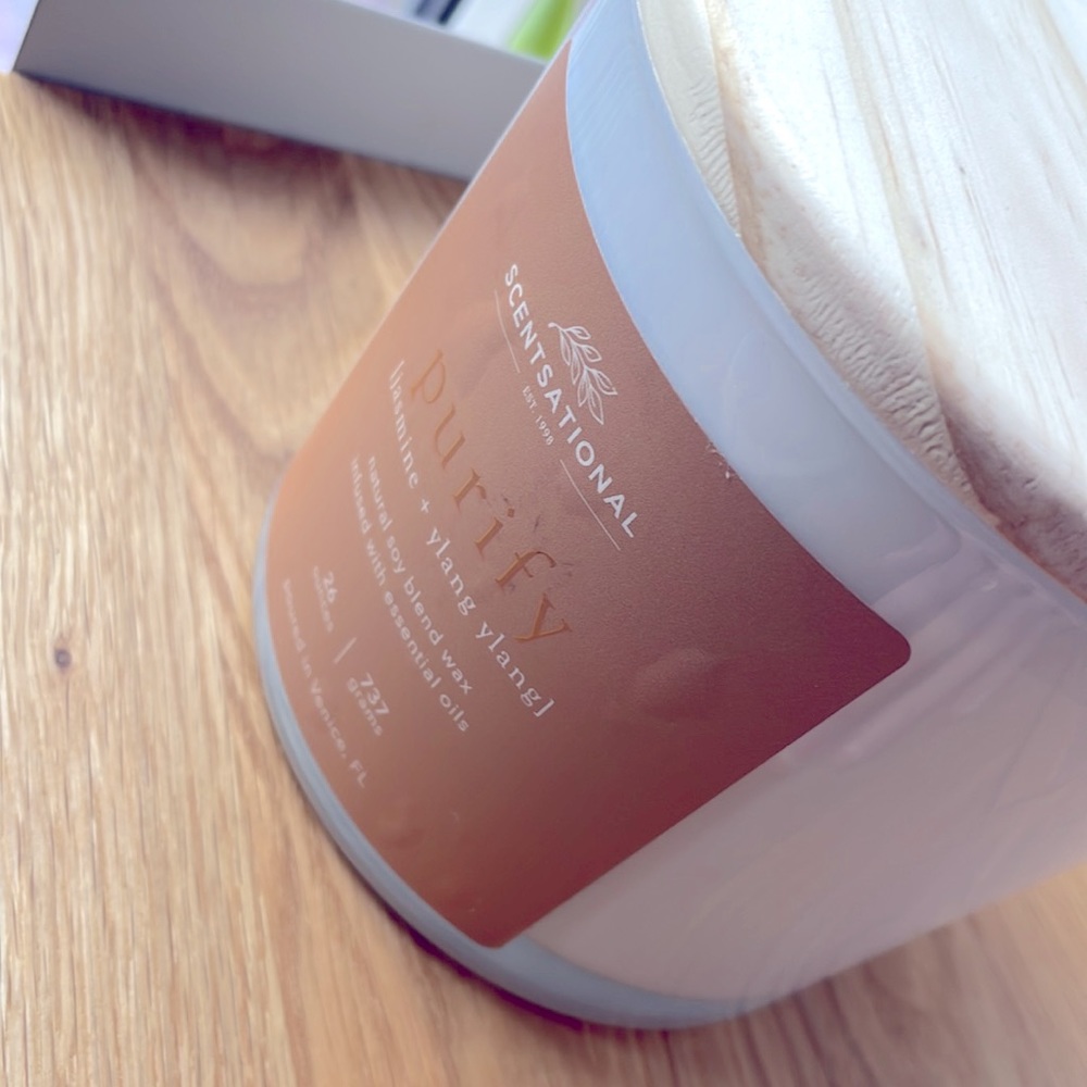 NEW LARGE Scentsational Purify floral candle 3-wick jasmine candle with wood lid